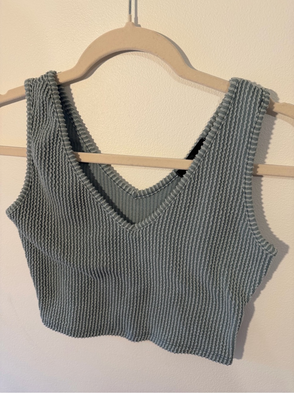 Ribbed V-Neck Crop Top - Sage Green